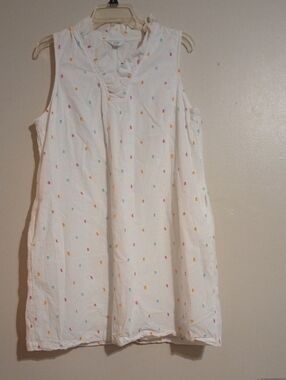 White Sleeveless Shift Dress with Frilled Neckline and Multicolor Dot Embroidery